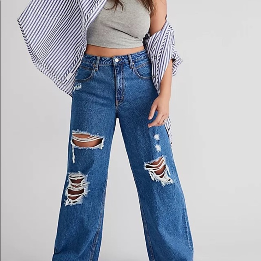 Free People Ellie CERULEAN Extreme Wide Leg Destroyed Jeans Retro